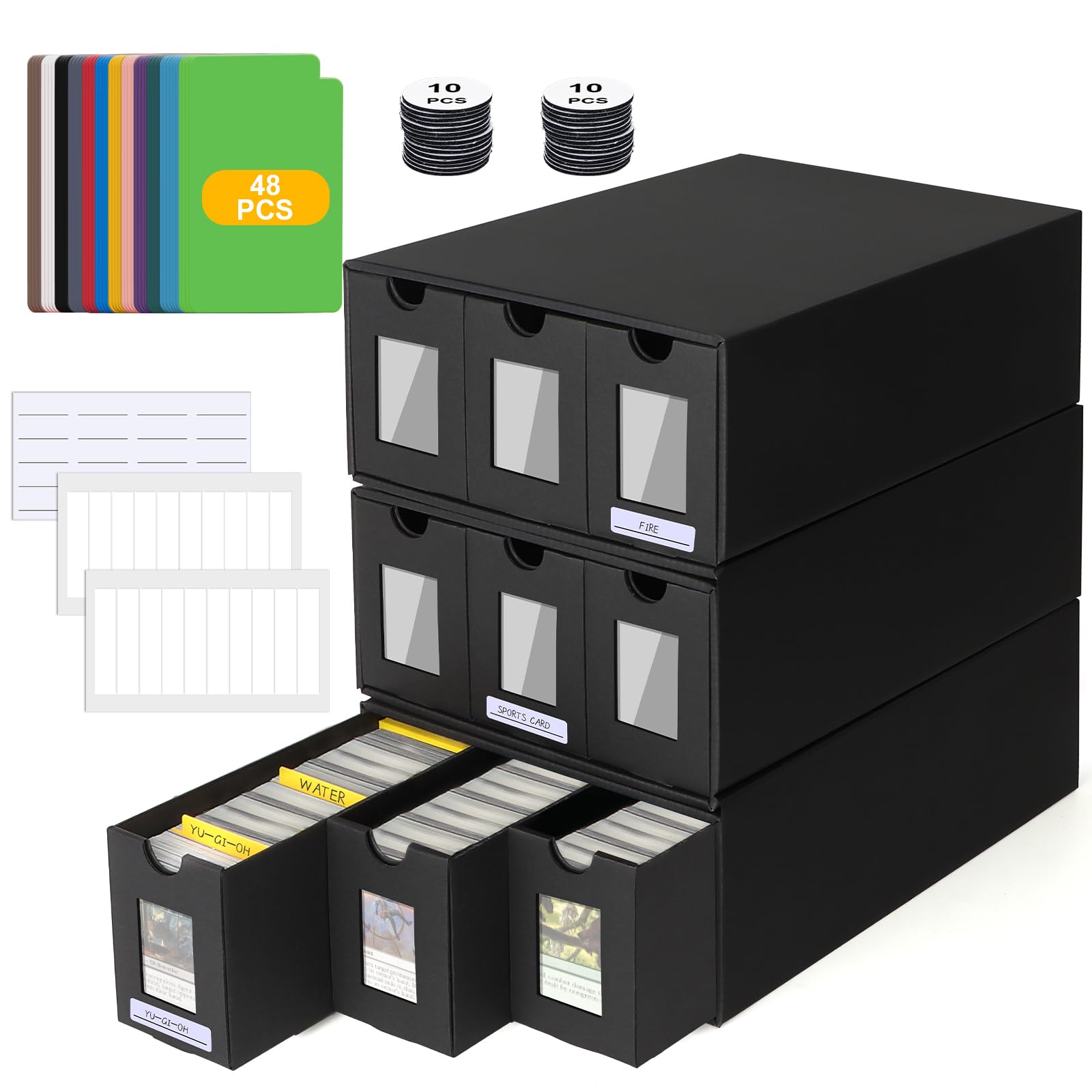 POKIENE 8800+ 3 PCS Trading Storage Box Card with Window, Card Storage Box with 48 Card Dividers, Labels Tape and Drawers, for Tcg, Mtg, Ptcg, Sports Cards