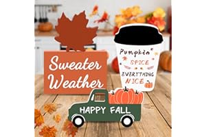 JENFALL Fall Decor Fall Decorations for Home 4Pcs Wooden Coffee Cup Maple Leaf Car Sweater Weather Sign Farmhouse Table Tiered Tray Decor Thanksgiving Decorations