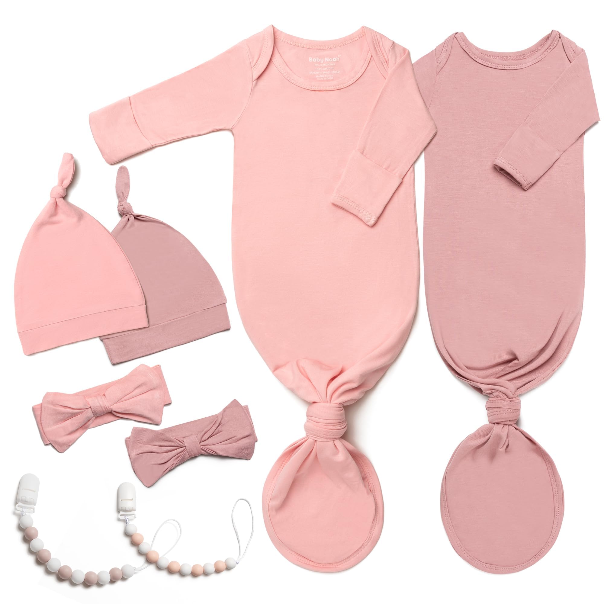 Photo 1 of 2 Pack Soft Knotted Baby Gowns Clothes 0-3 Months, Super Soft Newborn Sleepers for Girl Coming Home Outfit with Hat, Bow Headband & Pacifier Clip