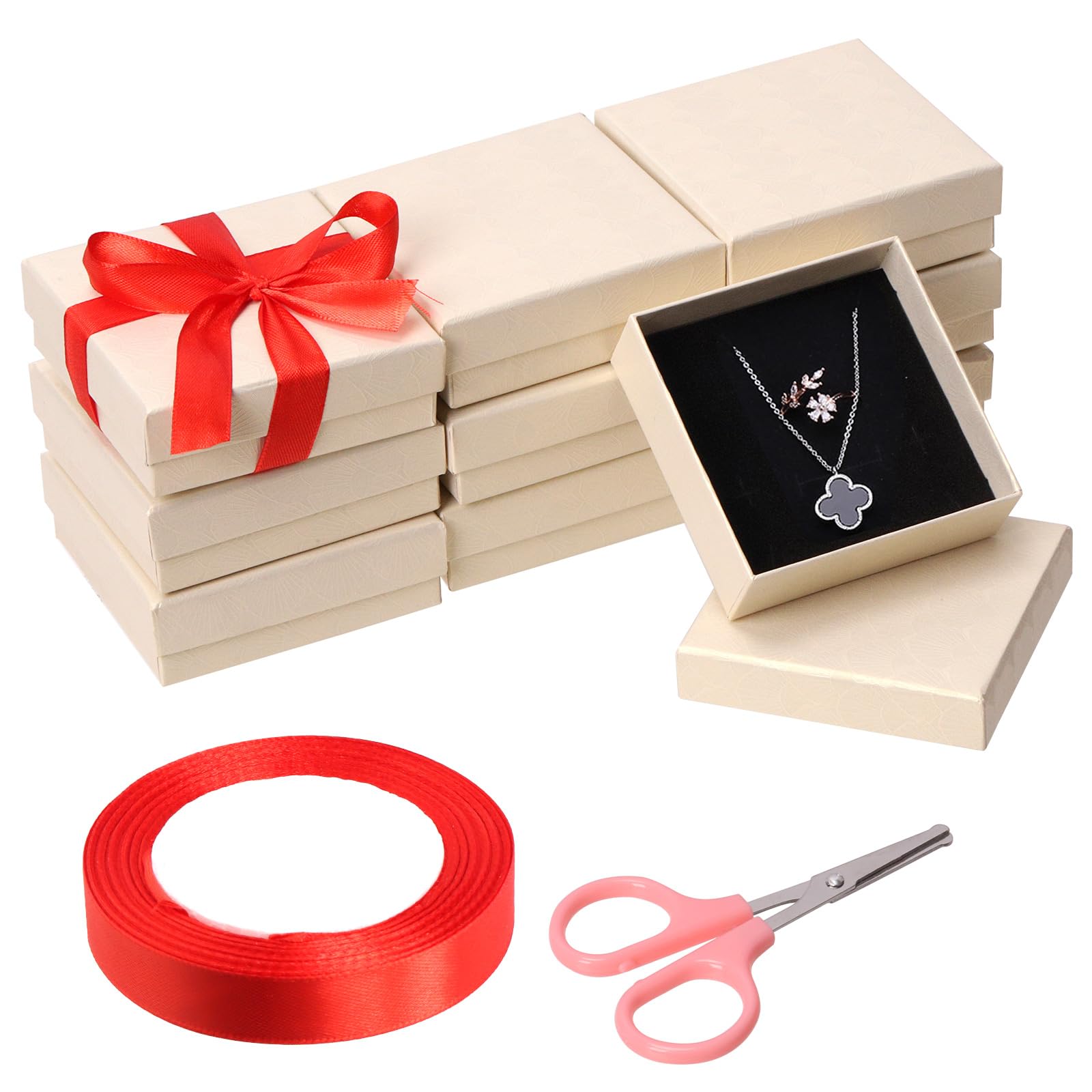 Mardatt 12Pcs 3.5 x 3.5 x 1 Inch Beige Cardboard Jewelry Boxes Square Jewelry Gift Boxes Velvet Sponge Liner Jewelry Case with Scissors and Polyester Ribbon for Necklace Earring Bracelet