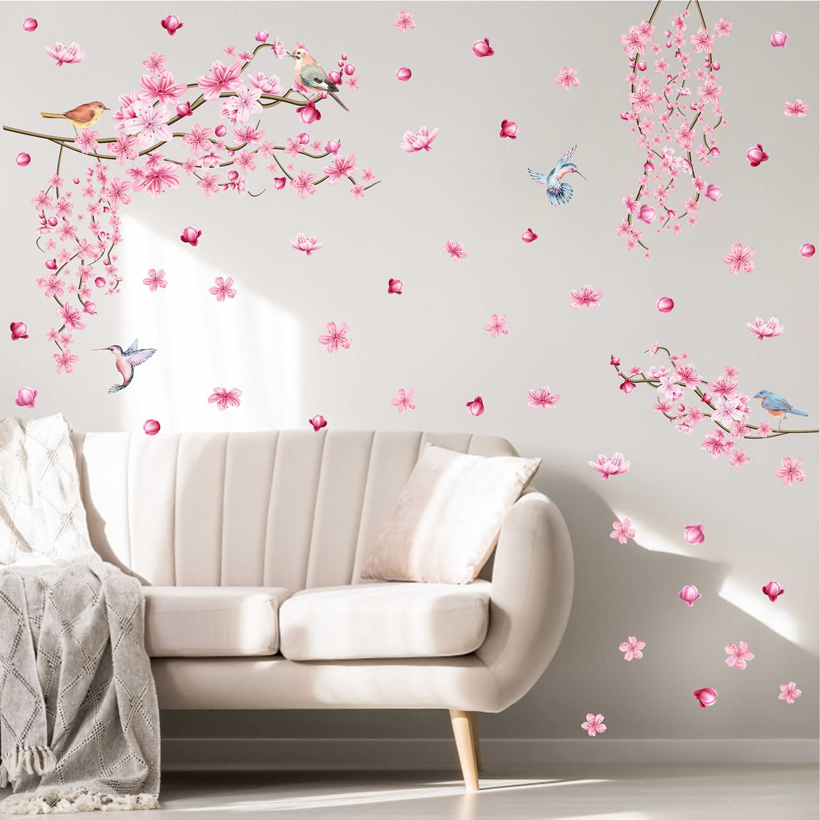 MOSITU Cherry Blossom Wall Decals 66 Pcs Pink Flower Tree Branch Stickers Watercolor Birds Spring Floral Removable Vinyl for Girls Room Bedroom Living Room Decor