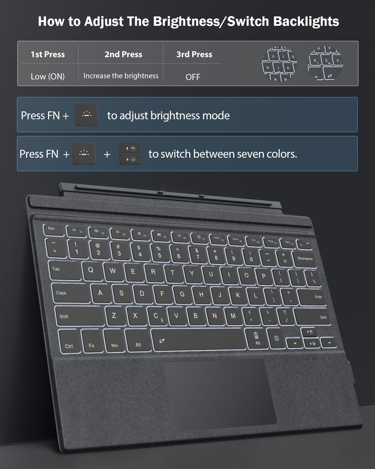 MoKo Microsoft Surface Pro 7/Pro 6/Surface Pro 5 (Pro 2017)/Pro 4/Pro 3 Type Cover, Ultra-Slim Wireless Bluetooth Keyboard with Trackpad, 7-Color LED Backlit, Built-in Rechargeable Battery, Gray