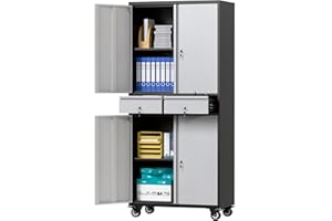 JAORD Metal Storage Cabinets with Wheels, 71" Cabinet on Wheels with 2 Drawers and 2 Adjustable Shelves, Lockable Metal Rolling Cabinet, Tool Storage Cabinet with Wheels, Assembly Required