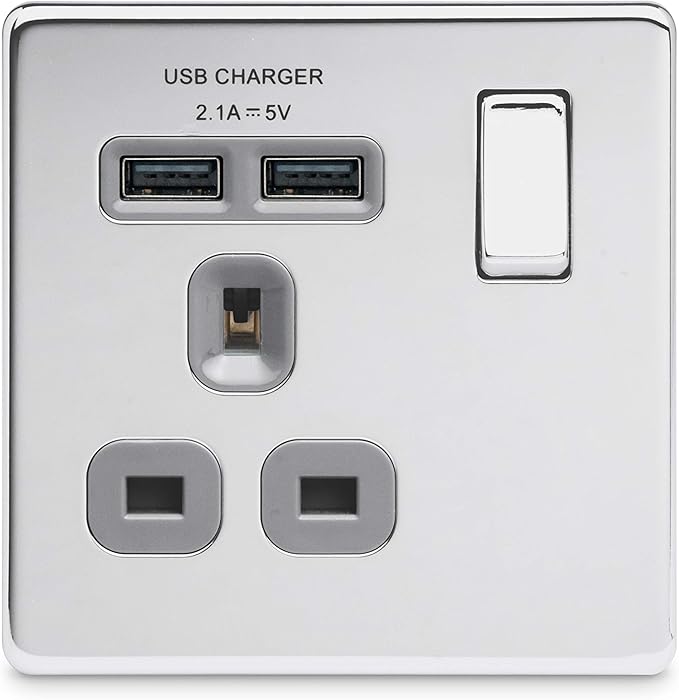 BG Electrical Screwless Flat Plate Single Switched Power Socket with Two USB Charging Ports, 13