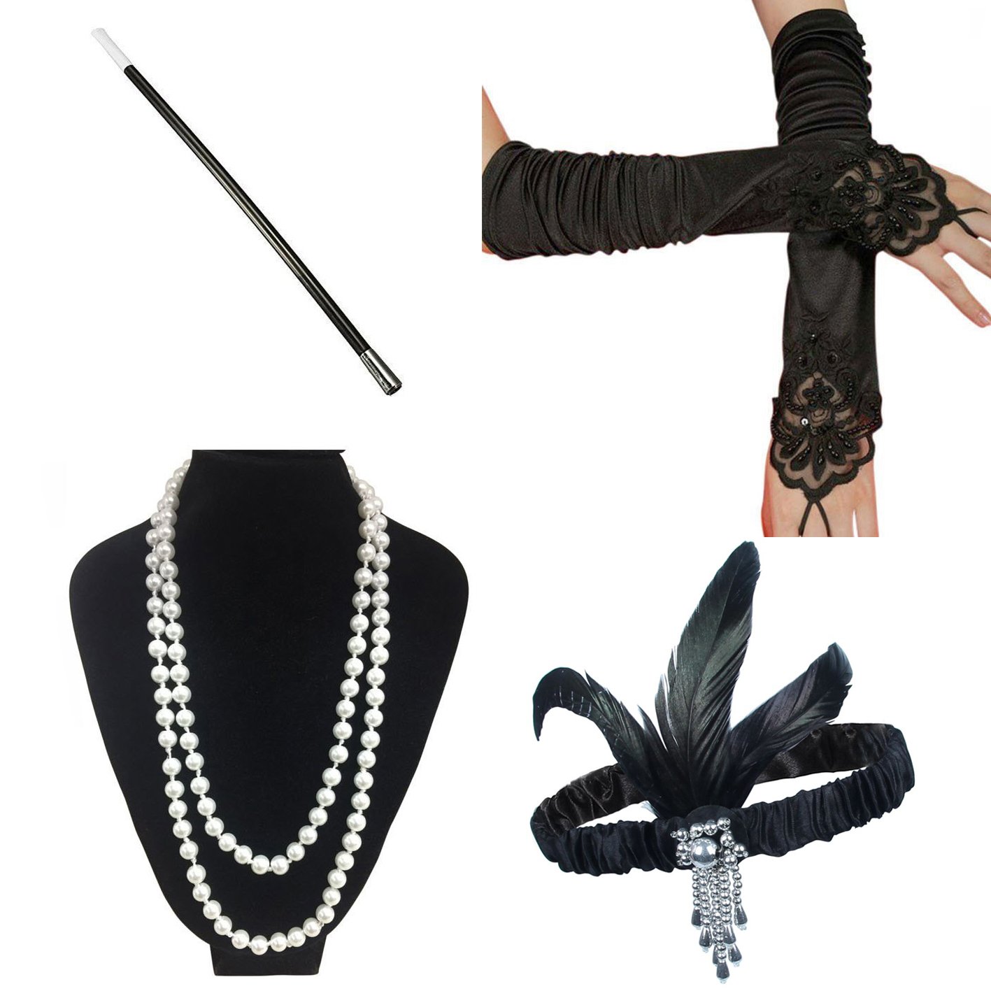 ResPai 1920s Accessories Fashion Set Roaring 20\'s Great Gatsby Theme Party Flapper Headband Headpiece Long Black Gloves Necklace Cigarette Holder Costume Accessories For Women (Elizabeth)