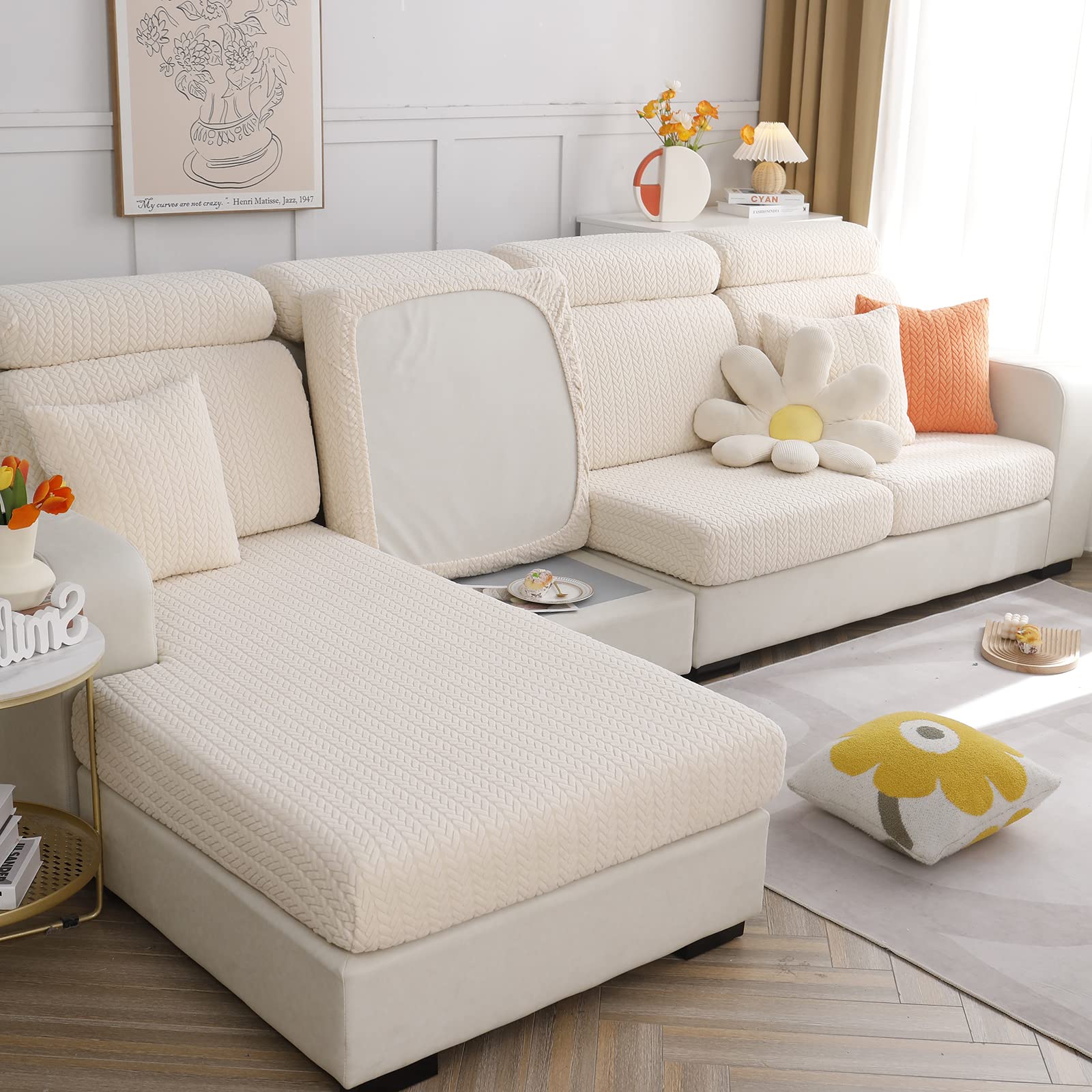 Photo 1 of ele ELEOPTION Super 3 Seat Couch Cushion Covers Sectional L Shape Slipcover Elastic Sofa Furniture Protector Cover (Length 55-64inch, Width 25-37inch, Large Triple Seat Cover) Wheat Beige
