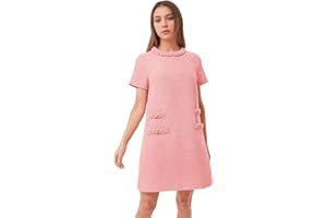 SeeLuNa Women's Tweed Dress Short Sleeve Crew Neck A-line Party Vintage Mini Skirt Causal Dresses