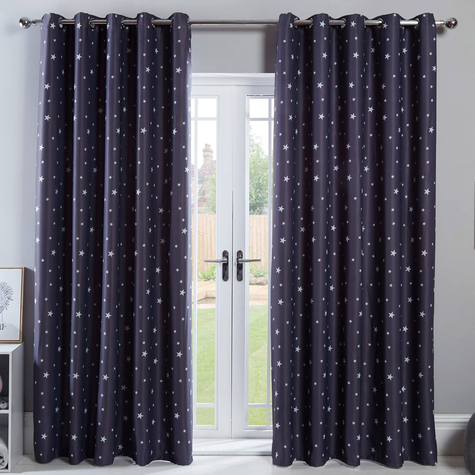 Dreamscene Star Blackout Curtains for Kids Bedroom Nursery Pair of Eyelet Thermal Window Panels - Charcoal Grey - 46" x 72"