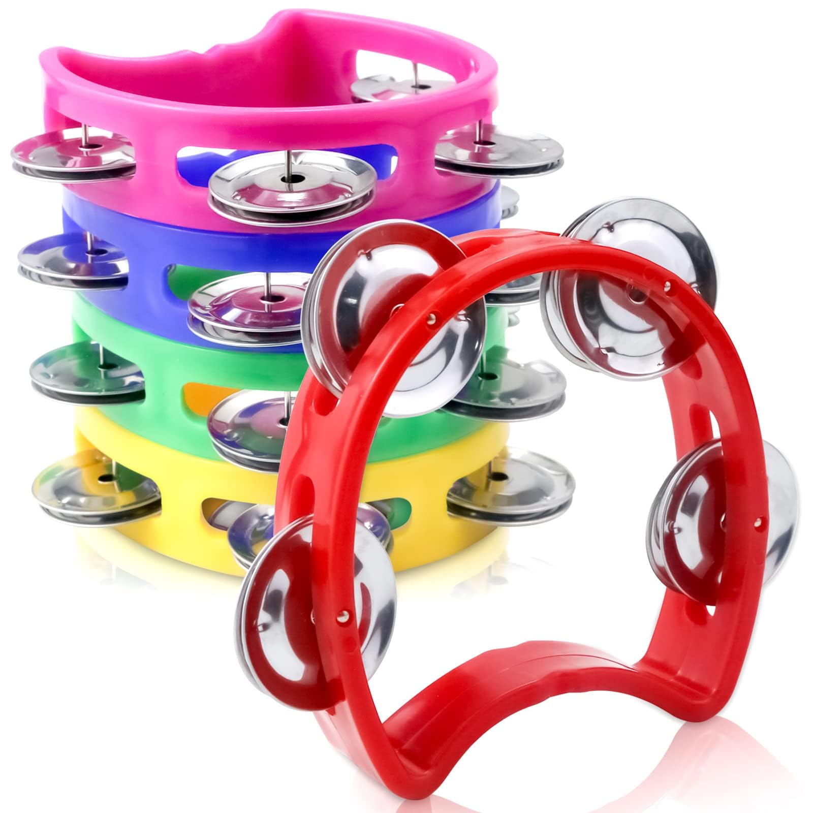 Photo 1 of **Only 2** Vmiapxo 5 Pack Colored Tamborines for Kids, Plastic Hand-held Tambourines with 4 Jingle Bells, Mini Percussion Rhythm Musical Instrument for School, Party