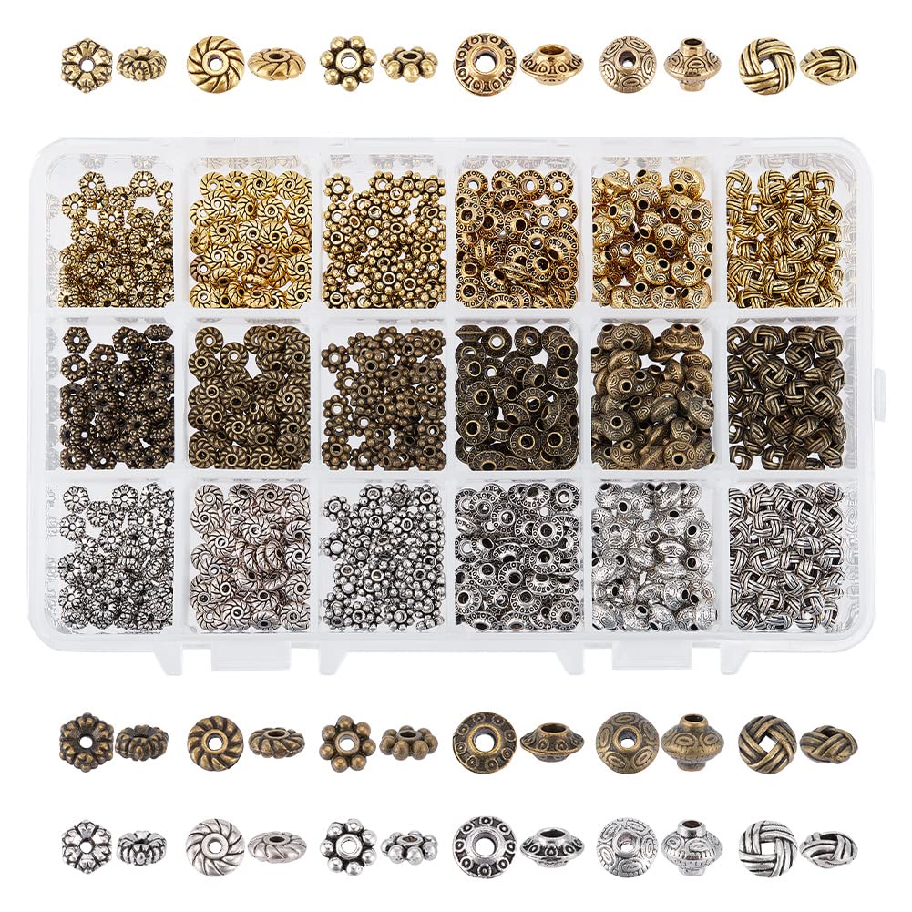 PandaHall Elite 900 pcs Tibetan Silver Spacer Beads Sets,6 Styles, 3 Colors
