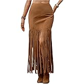 SHENHE Women's Western Cowgirl Fringe Maxi Skirt High Waist Country Concert Suede Tassel Skirt