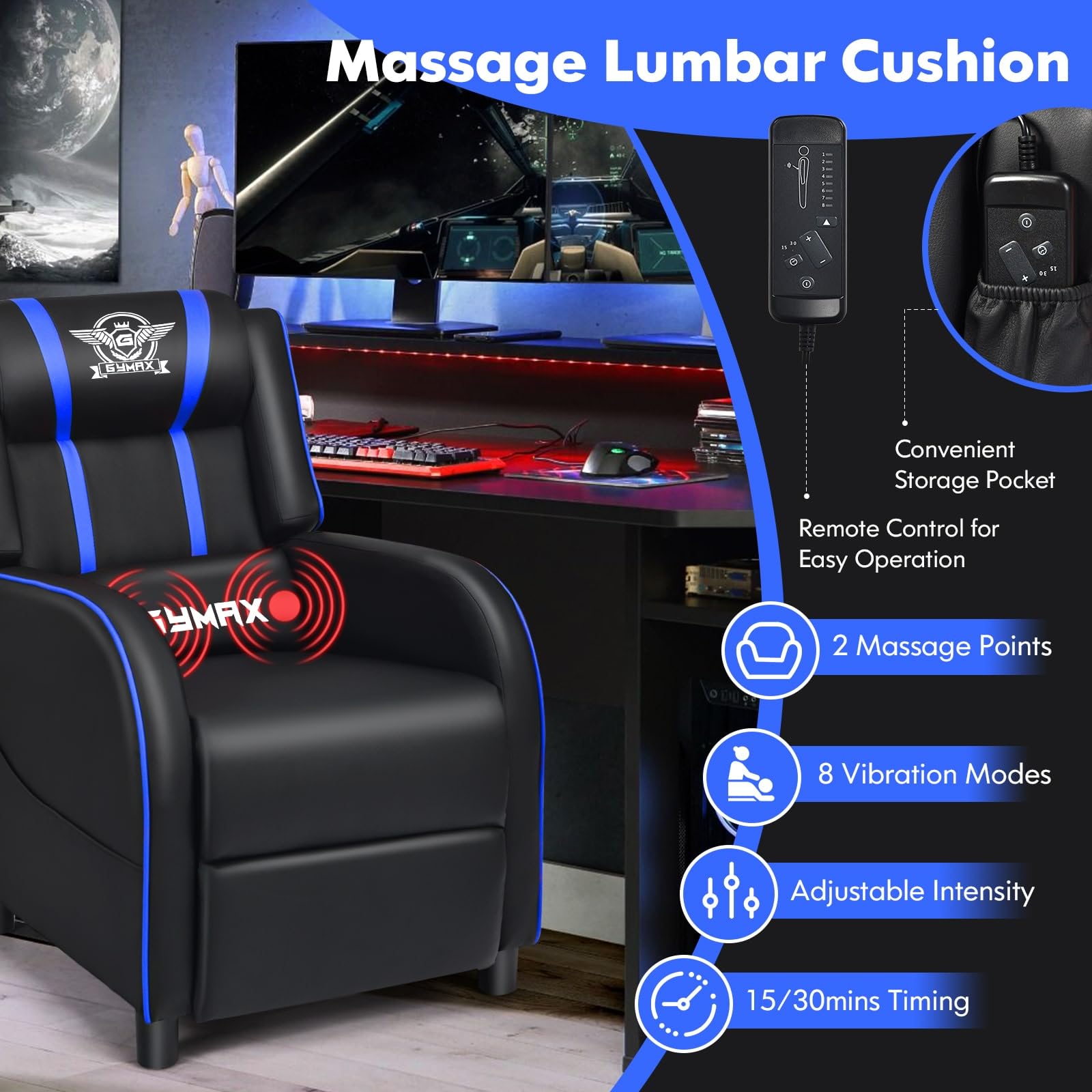 GYMAX Gaming Recliner, Massage Gaming Chair w/Adjustable Footrest