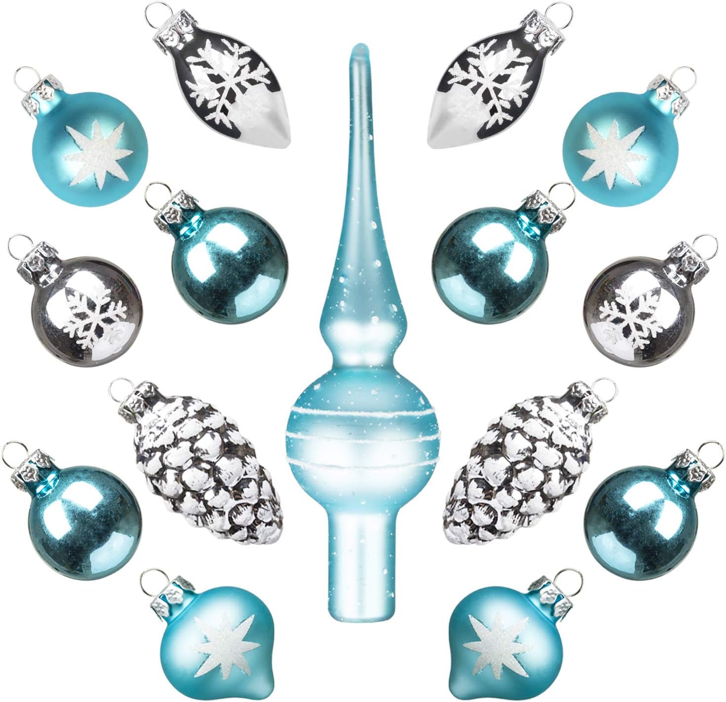 Ornaments - KINGYEE Miniature Ornaments and Tree Topper Christmas Mini Glass Tree Decorations Set of 15 for Tabletop Desktop Tree Wedding Centerpiece (Snow White Blue)