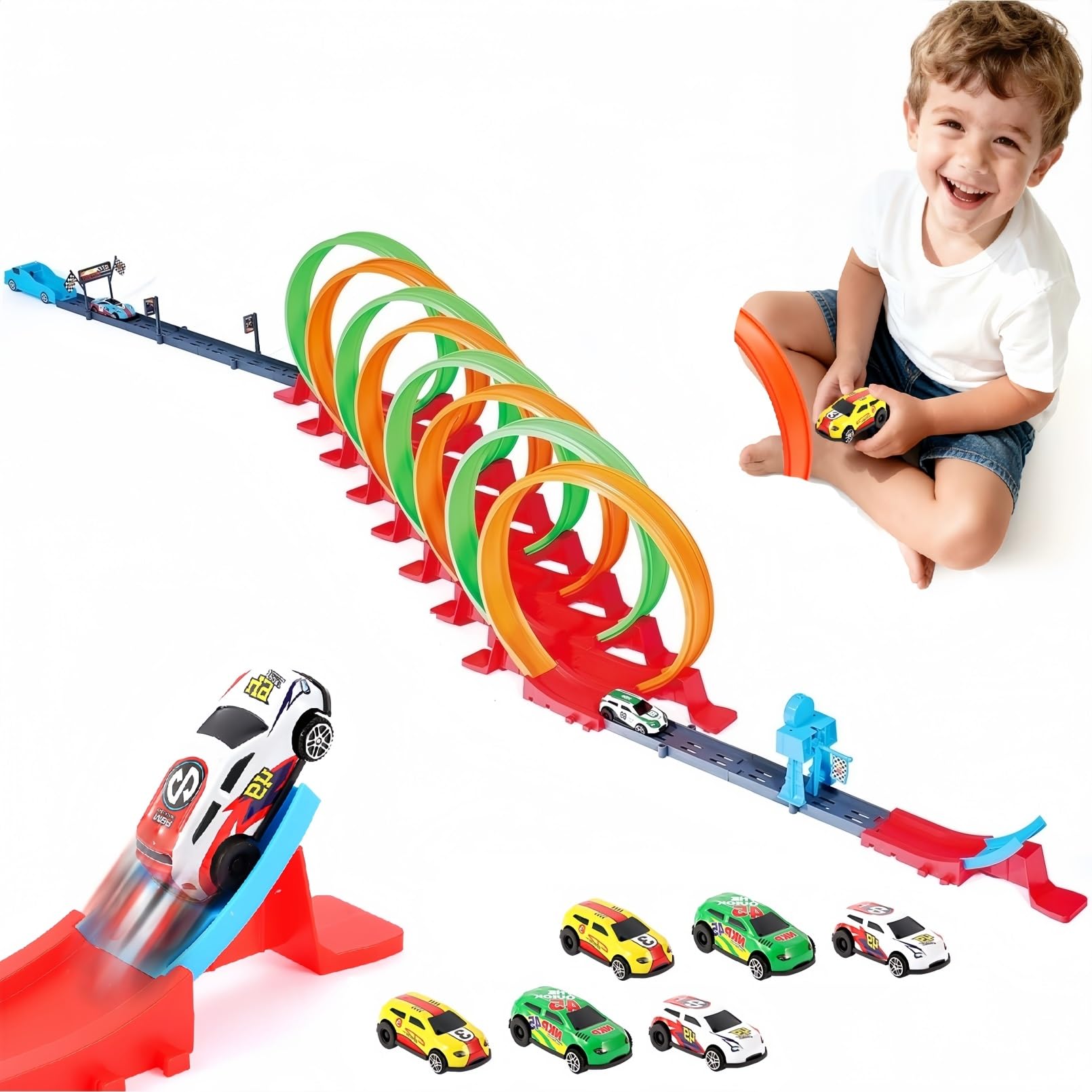 Havnidy Toy Car Track Set with 8 x 360° Loop & 6 High-Speed Race Cars – Toy Cars for 3-12 Year Olds – Slot Car Race Tracks Car Toys – Birthday for Boys and Girls