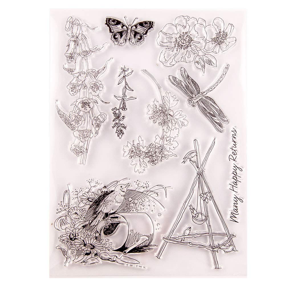 arriettycraft Many Happy Returns Flowers Daisy Bird Campanula Butterfly Dragonfly Clear Stamps for Card Making Decoration and DIY Scrapbooking