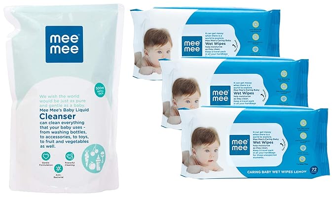 Mee Mee Anti Bacterial Baby Liquid Cleanser, 500ml & Caring Baby Wet Wipes with Lemon Fragrance (72 pcs/Pack) (Pack of 3) Combo