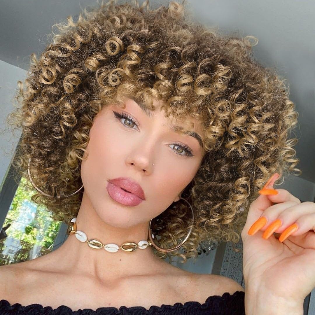 Photo 1 of Hanne Fashion Afro Curly Wig with Bangs Short Kinky Curly Wig for Women Ombre Blonde Synthetic Curly Wigs Shoulder Length Glueless Afro Wig (33A/27#)