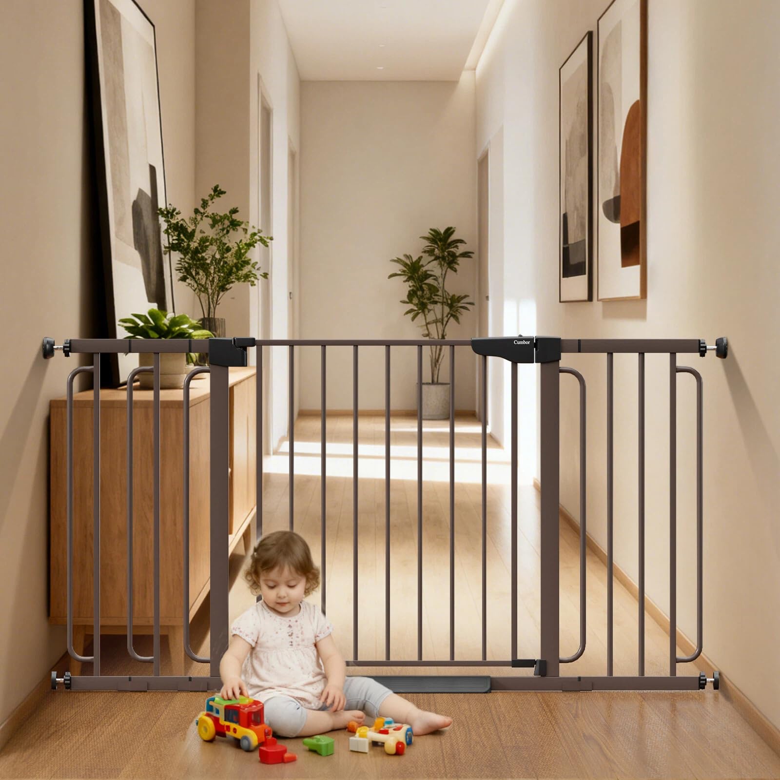 Cumbor 29.7-59" Extra Wide Baby Gate for Stairs, Pressure Mounted Dog Gate for Doorways, Auto-Close Easy Walk Through Safety Child Gate for Kids Toddler, Tall Pet Gates Indoor, Brown Image