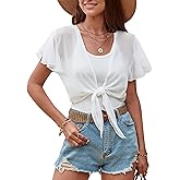 ZAFUL Women's Chiffon Cropped Bolero Sheer Shrugs for Dress Short Sleeve Tie Front Cardigan