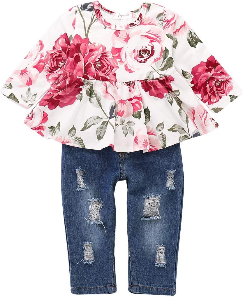 Toddler Baby Girls Clothes 2Pcs Flower Ruffle T-Shirt+ Ripped Jeans Denim Pants Outfits Sets