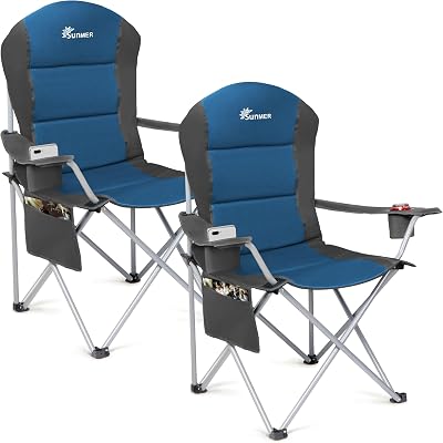 SUNMER Padded Camping Chairs Set of 2 Deluxe Folding Chairs Dark Blue 120kg