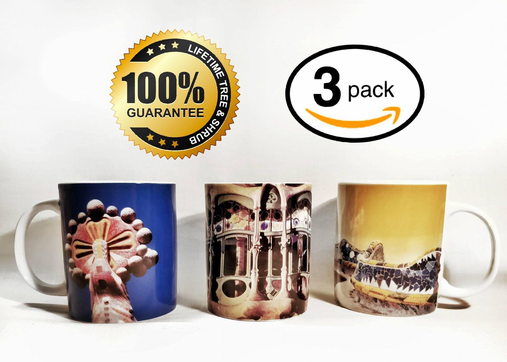 Set of 3 Units of Cups Coffee abarcelona. Cups Breakfast Original. Each Ceramic Mug is a Monument of Barcelona of the architect Gaudi; Holy Family Parc Güell Casa Batlló. 1 Cup Breakfast Each Model. Gifts Original.