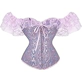 Yuemengxuan Women Sexy Boned Bustier Corset Top Bride Lace Up Floral Satin Overbust Body Shaper Lingerie with Lace Sleeve