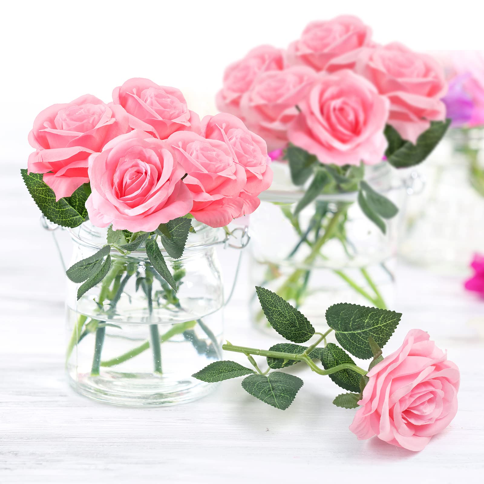 Mocoosy 12PCS Pink Roses Artificial Flowers, Silk Roses Fake Rose for Decoration,Artificial Pink Rose Faux Single Stem Flowers for Wedding Bouquet Centerpiece Flower Arrangement Party Home Table Decor