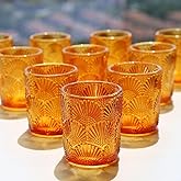 Woho 12Pcs Amber Votive Candle Holders, Glass Amber Candle Holder for Fall Wedding, Boho Tea Lights Candle Holder for Halloween Thanksgiving Centerpieces Table Decoration
