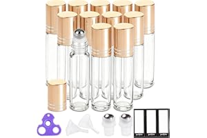 PrettyCare 12 Pack, 10 ml Essential Oil Roller Bottles with Stainless Steel Roller Ball - Refillable Leak-proof Empty Thick Clear Glass Roll on Bottles with Metal Caps for Travel, Perfume