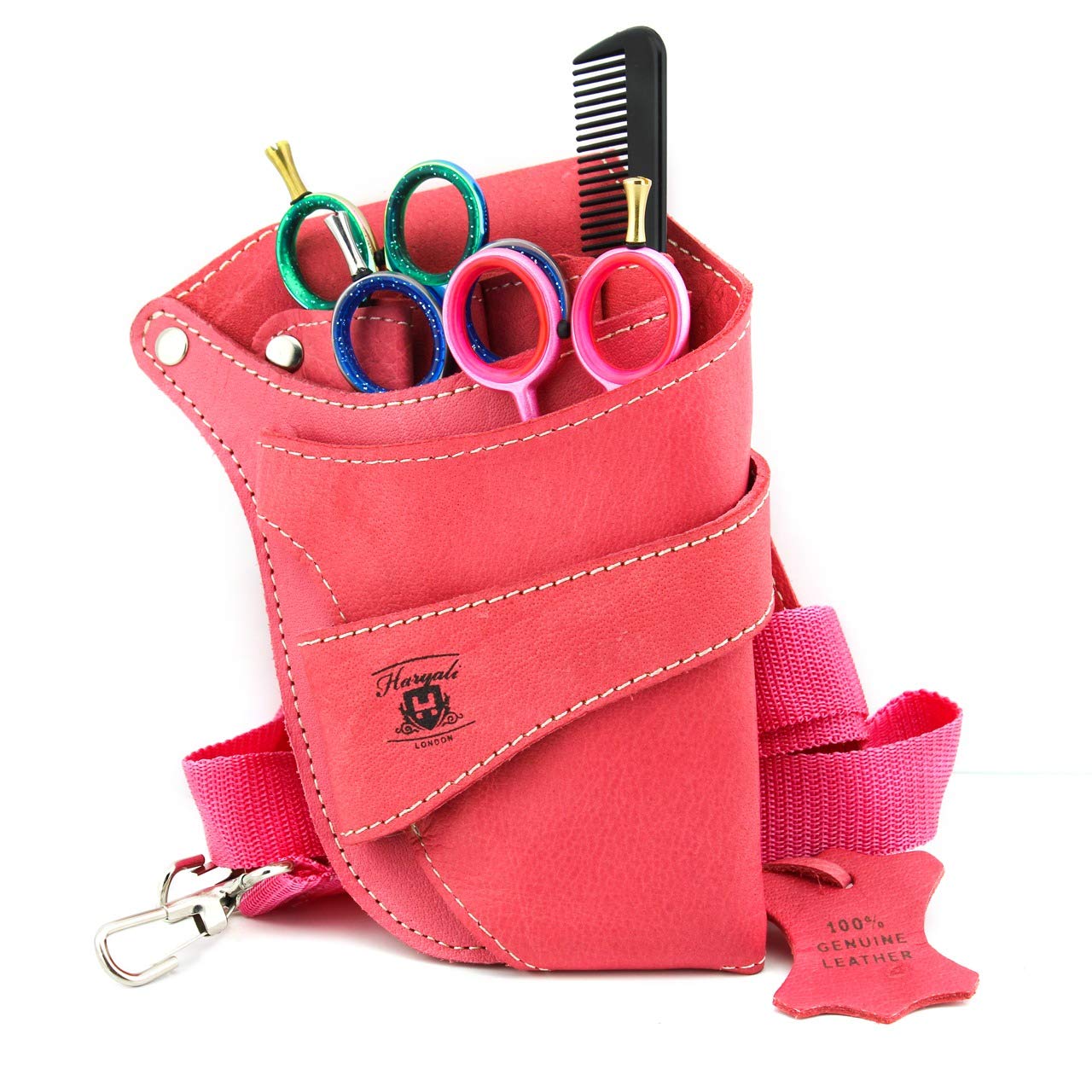 Haryali London, Barber Scissor Pouch Holster Case with Adjustable Waist & Shoulder Belt –Hairdressing Tool Bag for Barbers & Stylists – Multi Pocket Leather Salon Tool Organizer - Pink