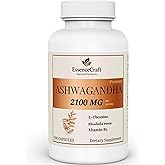EssenceCraft Natural Products Ashwagandha 2100mg – High Potency Root Extract – Adaptogenic Herbal Supplement – Energy, Mood & Focus Support – with L-Theanine, Rhodiola & B5 – 100 Capsules