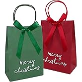 JarThenaAMCS 48Pcs Merry Christmas Kraft Paper Gift Bag with Bow Red Green Treat Bags with Handles Candy Goodie Bags for Winter Xmas Holiday Birthday Wedding Party Favors Supplies
