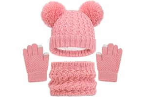 ENWOKRAN Kids Winter Beanie Hat Scarf and Touchscreen Gloves Set,Fleece Lining Beanie Hat Knit Gloves Neck Warmer for Children 2-8