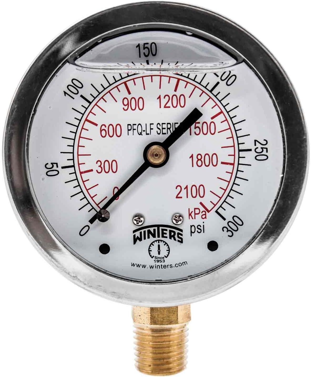 Winters PFQ807LF PFQ-LF Series Pressure Gauge, 2.5" Dial size, 1/4" NPT, 0/300 psi/kpa, Glycerin Filled