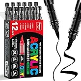 Surcotto 12 PCS Black Acrylic Paint Markers,Soft Brush Tip Acrylic Paint Markers,Quick-Drying Waterproof Acrylic Markers for Canvas,Rock Painting,Wood, Stone,Glass,Ceramic,Fabric Painting