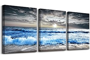 MHARTK66 Wall Decorations For Living Room 3 Piece Canvas Wall Art For Bedroom Office Wall Decor Blue Ocean Wave Seascape Pictures Artwork Black And White Beach Wall Painting Art Modern Home Decor