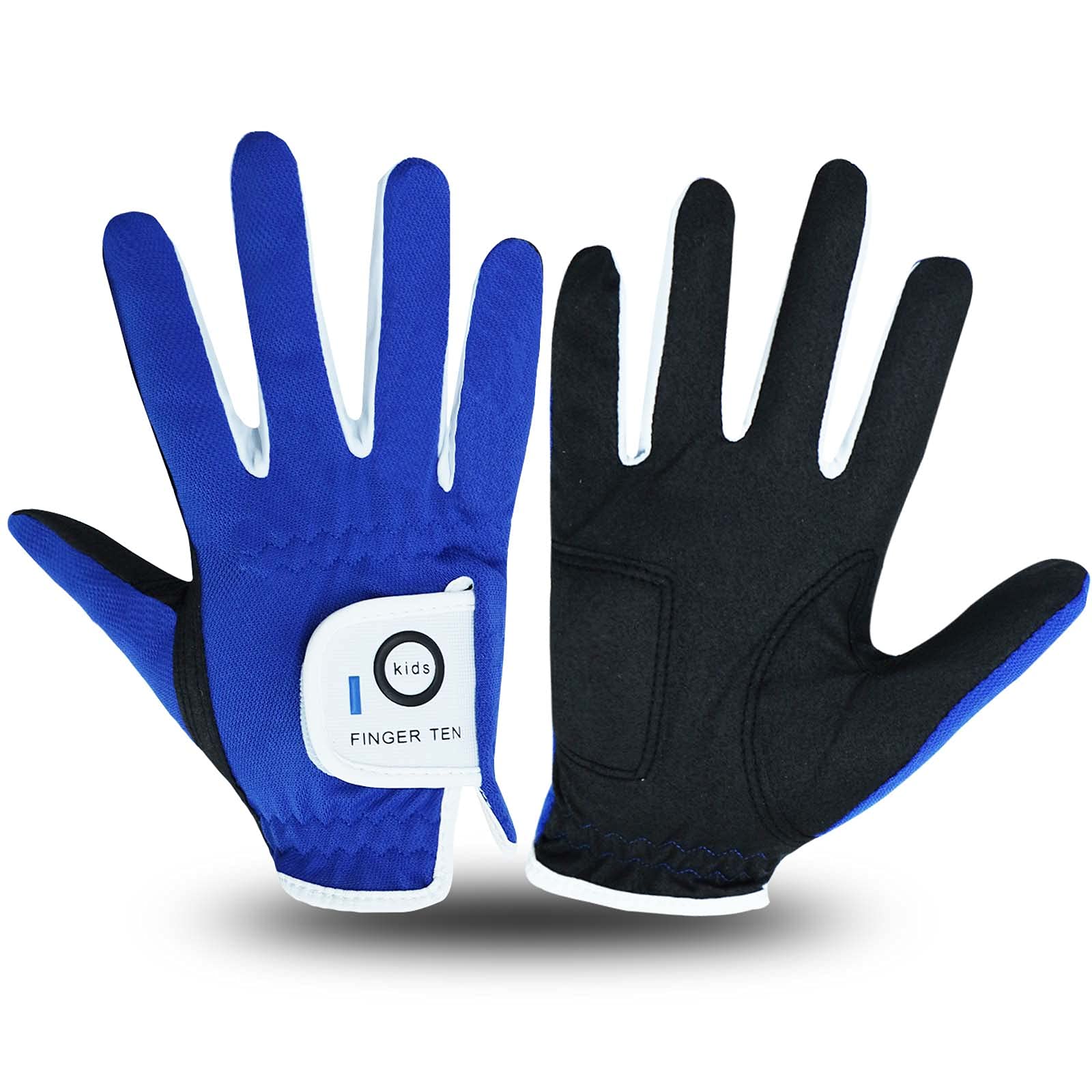 FINGER TEN Golf Gloves Kids All Weather Soft for Left and Right Hand Rain Grip Breathable Value Pair, Golf Gloves for Girls Boys Wear-Resistant Non Slip Comfortable (Blue, Large)
