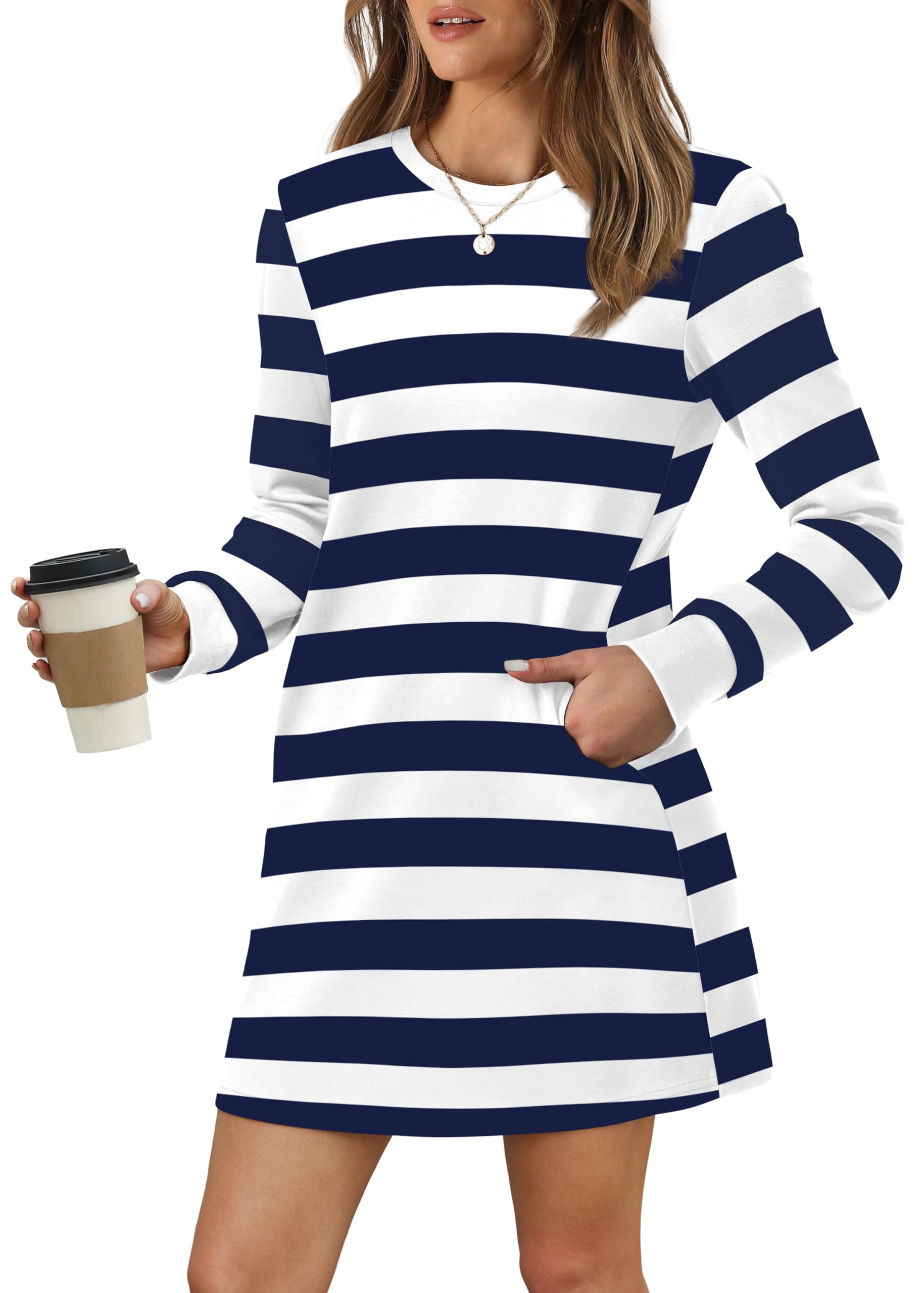 Photo 1 of ***DRESS IS GREY AND WHITE****WIHOLL Womens Mini Dress Flowy Long Sleeve Casual Dresses with Pockets Soft Crewneck Blue and White Striped Dresses MEDIUM