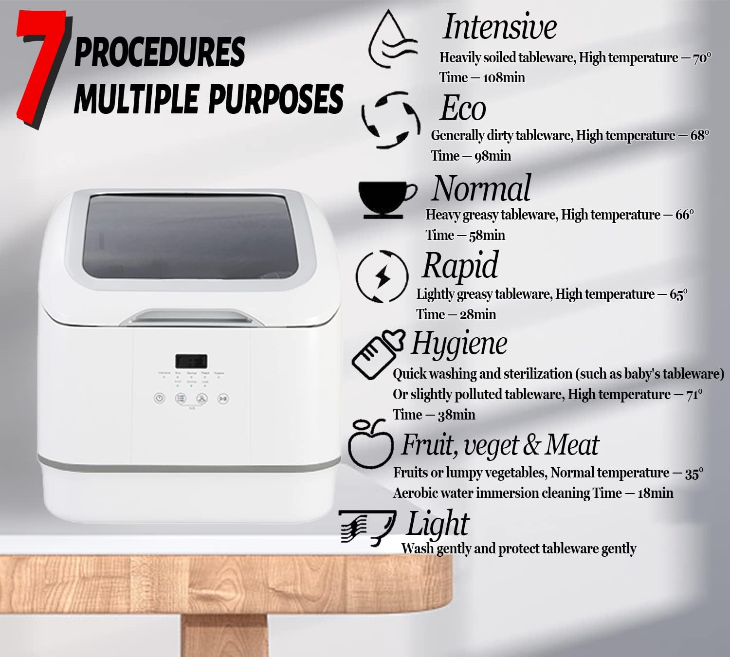 Weceleh Countertop Dishwasher, Portable 6.8L Capacity Small Dishwasher with 7 Programs, 360° Spray Mini Tabletop Dishwasher, 140-160℉ Dishwashers with Hot Air Drying Function, RV Dishwasher, White