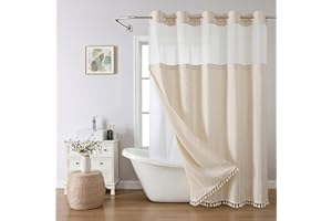 eachope Boho Farmhouse No Hook Shower Curtain Set with Snap-in Fabric Liner,Heavy-Duty Linen Textured Rustic Striped Design,Water-Repellent with Tassels and Sheer Window,Cream/Beige,71x74