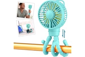 snawowo Mini Portable Stroller Fan, Battery Operated Personal Small Handheld Fan with Flexible Tripod, 3 Speed Rechargeable Clip On for Car Seat Crib Treadmill Travel Camping Blue