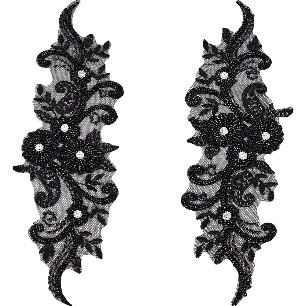 GORGECRAFT 2Pcs 3D Flower Beaded Lace Applique Pearl Embroidery Bridal Lace Sew on Patches Tulle Floral Net Gauze Fabric Decal Mesh Trim for Sewing Cloth Wedding Dress Garment DIY Decoration Black