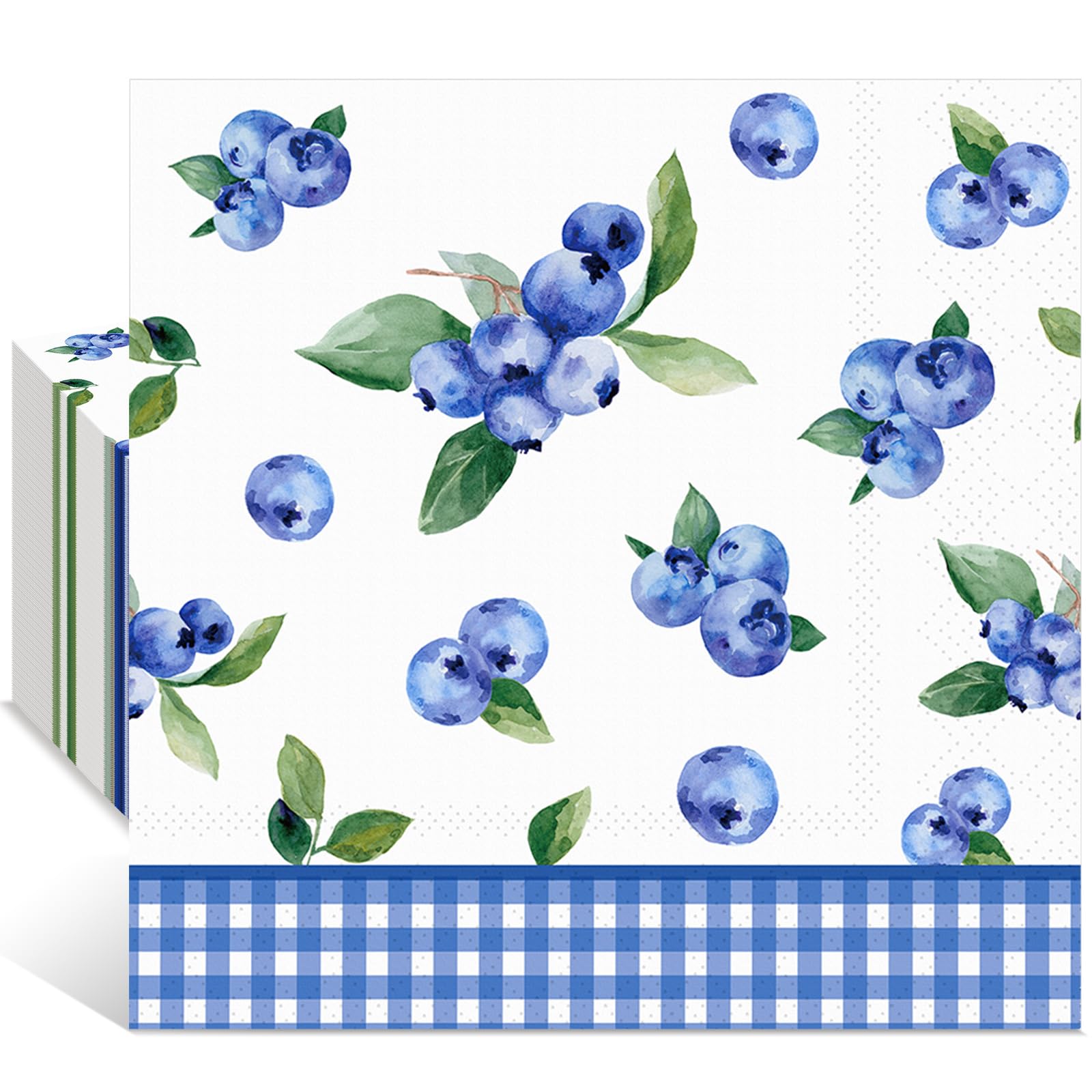 Photo 1 of Janlaugh 100 Pcs Blueberry Cocktail Napkin Disposable Paper Beverage Napkin with Blue Striped Grid for Summer Blue Berry Fruits Birthday Tea Party Bridal Baby Shower Tableware Supplies(5" X 5")