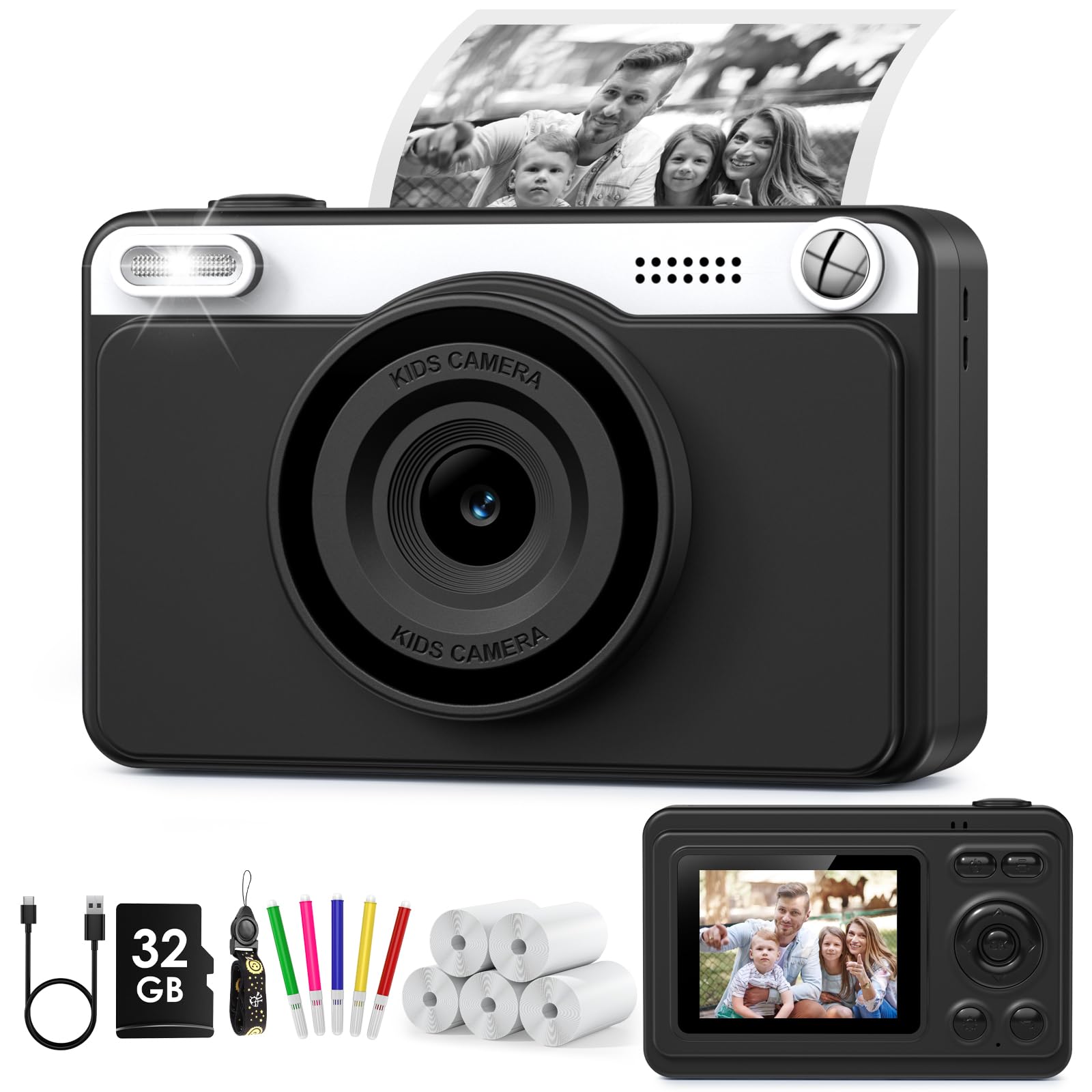 Kids Camera Instant Print, 1080P Instant Camera for Kids with 5 Rolls Print Paper & 32GB Card, Kids Digital Cameras Christmas Birthday Toddler Boys Gifts for Girls Toys Age 3-12 — image 1