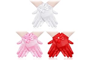 Bencailor 3 Pieces Girls Satin Gloves Tea Party Little Girls Princess Dressing Gloves for Wedding First Communion Cosplay(Bow Dress Style, White, Red, Pink)