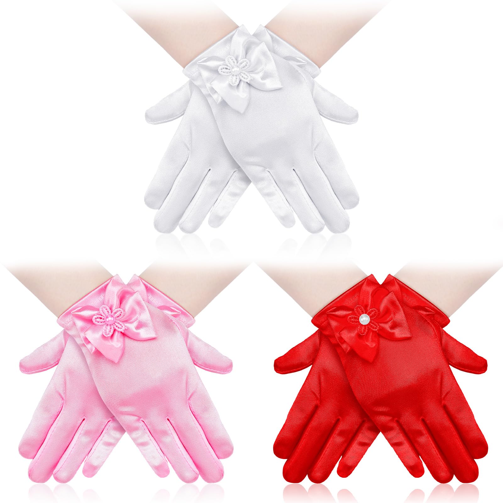 Photo 1 of Bencailor 3 Pieces Girls Satin Gloves Tea Party Little Girls Princess Dressing Gloves for Wedding First Communion Cosplay(Bow Dress Style, White, Red, Pink)