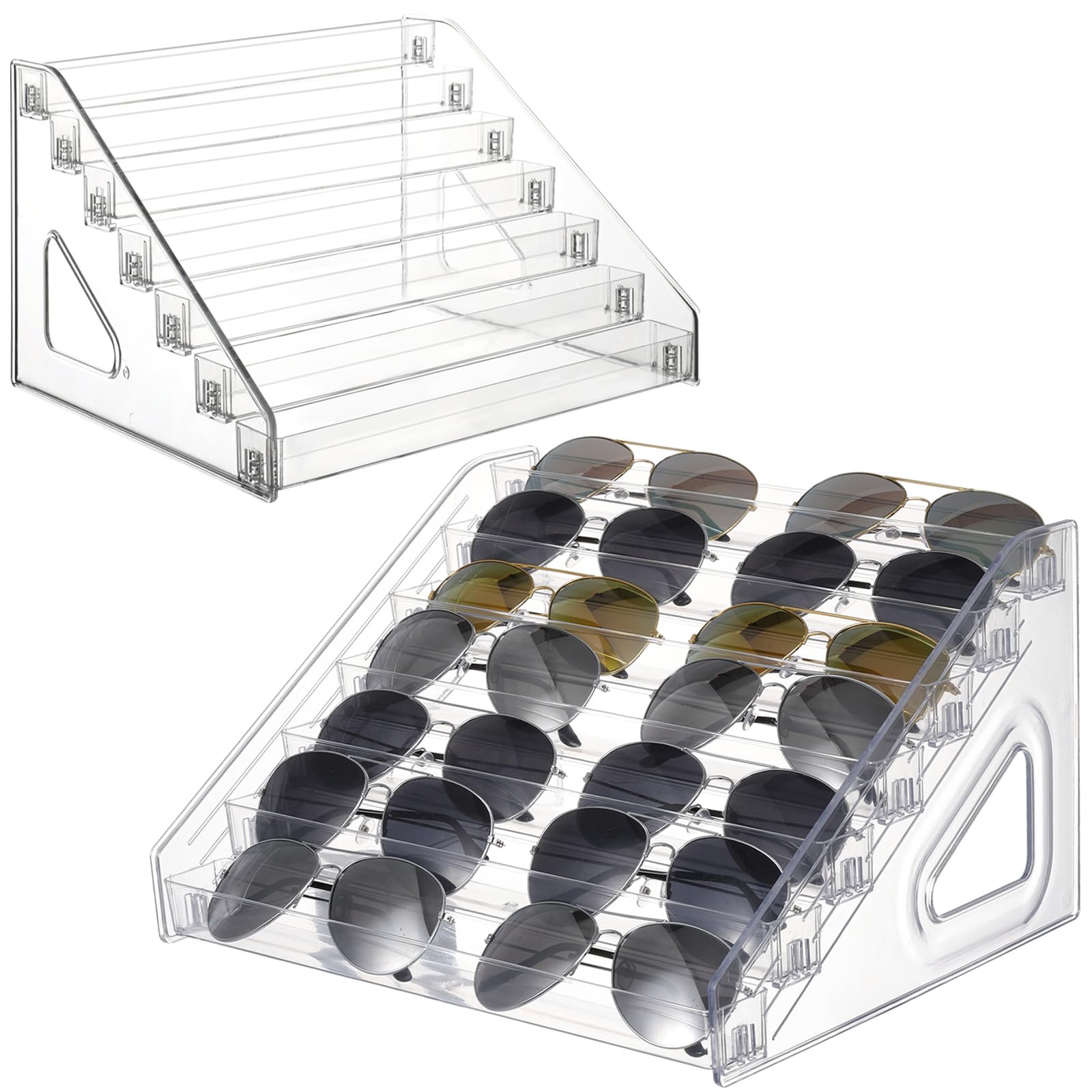 Photo 1 of 2 Pack 7 Tier Sunglass Organizer Stand, Versatile Clear Acrylic Sunglass Holder Display Stand Sunglass Storage Tray for Highlighting Glasses Makeup Nail Polish Graded Cards