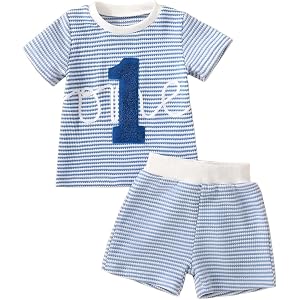 Baby Boys Girl 1st Birthday Outfit Waffle Knit One Embroidery Short Sleeve Top + Shorts Set Summer Clothes for 6 12 18 Months