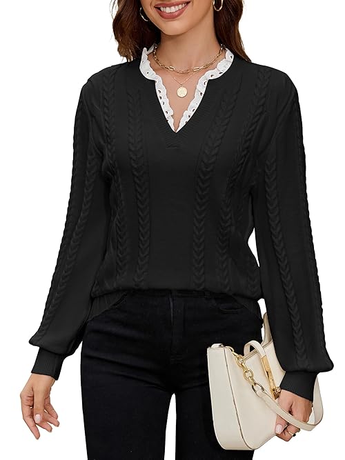 Angashion Womens Sweaters Long Sleeve Casual V Neck Jumper Tops Fall Winter Knit Pullover Sweater Black Small